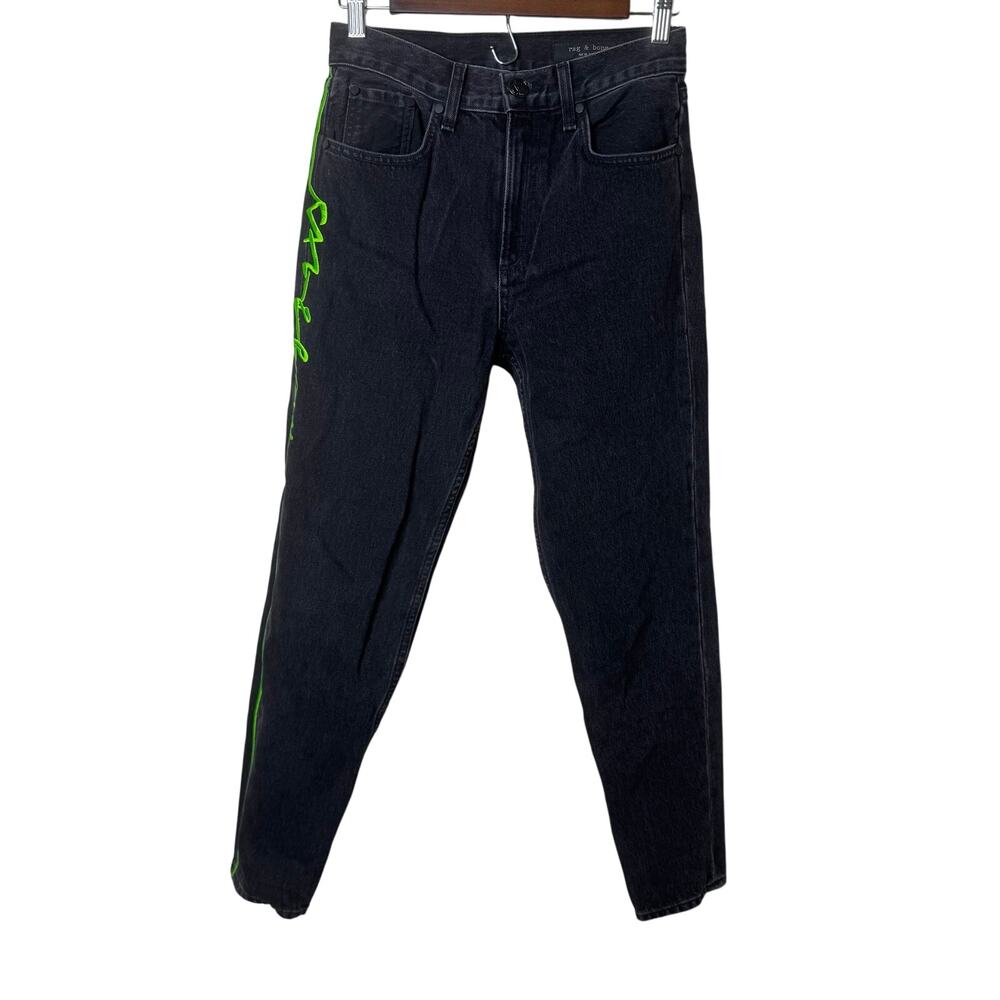 Rag & Bone Stone Kuro Jeans Size 25 Black High‎ Rise Skinny Neon Green Trim
